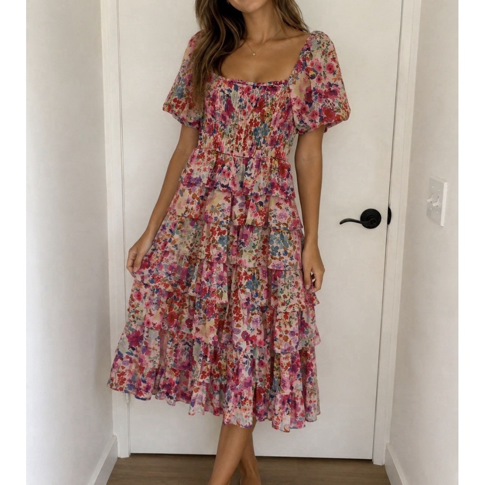 Crystal Doll Floral Maxi Dress 10 Pink Tiered Cottagecore Chiffon Square Neck